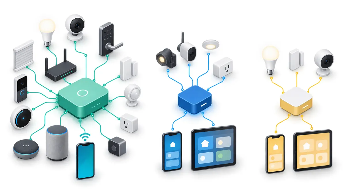 Diagram-style comparison of a mixed-home control hub, an Apple Home compatibility bridge, and a packaged bridge appliance path
