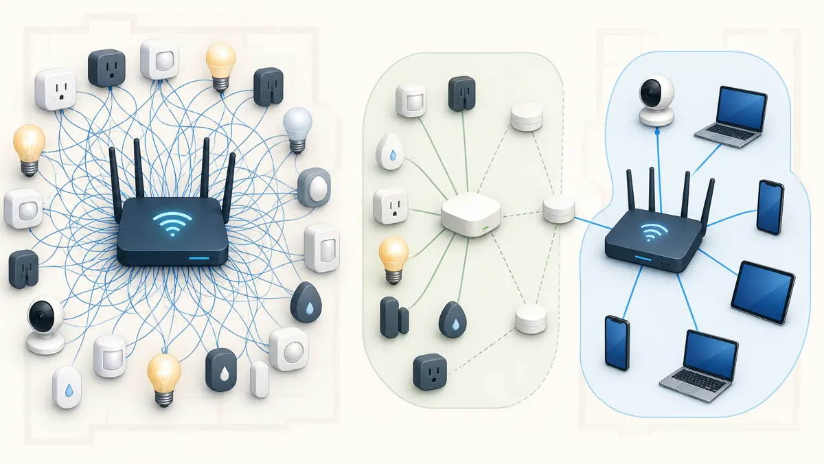 Diagram-style image showing overloaded smart-home Wi-Fi simplified by moving small devices to a hub protocol path while cameras and computers stay on Wi-Fi